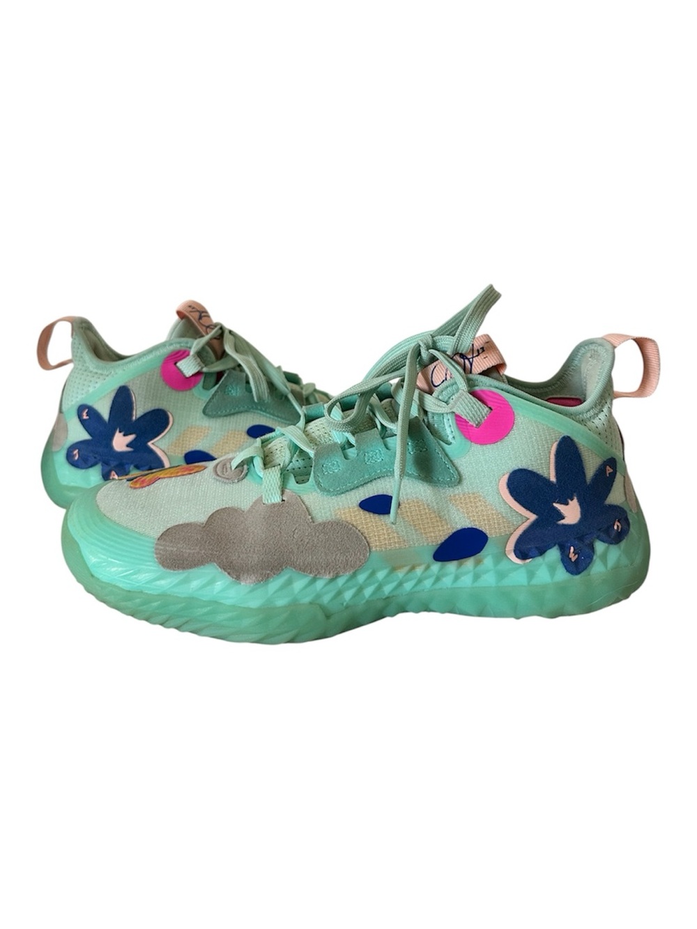 adidas Boost James Harden Minty Teal Athletic Sneakers Floral & Cloud Motifs